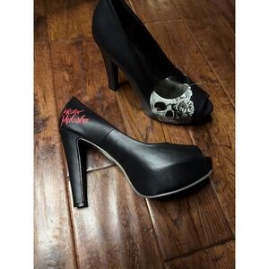 Metal Mulisha Womens Black Skull Rose Peep Toe Platform Pumps High Heels Size 10